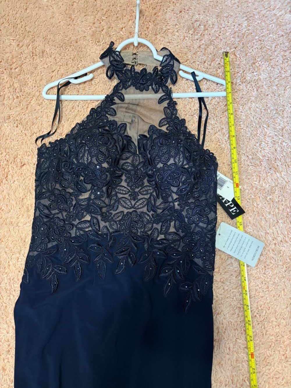 XSCAPE navy halter open back full length lace appliqué beaded prom evening gown - Picture 12 of 17